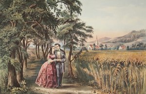 De vier seizoenen van het leven - Jeugd, Het seizoen van liefde, uitgegeven 1868, Currier & Ives door American School